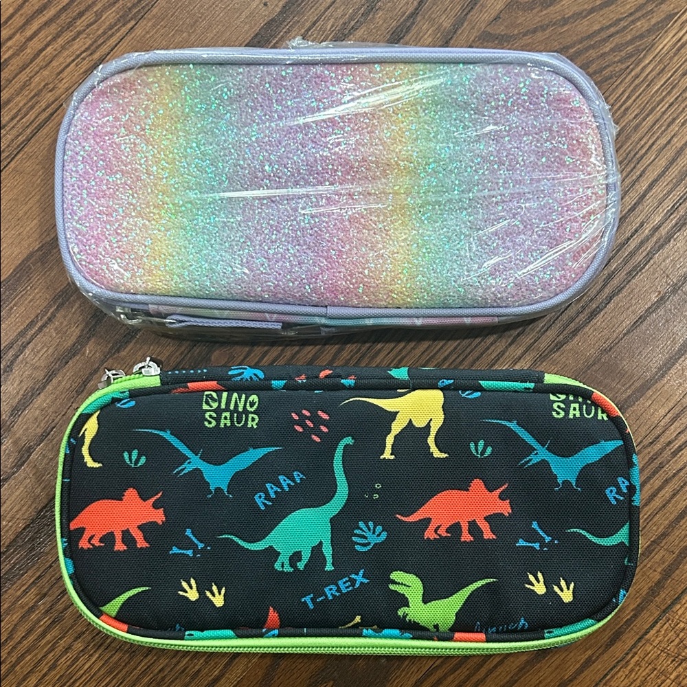 Dinosaur and Mermaid Pencil Case Set - Multicolor Glitter & Black Dino Print